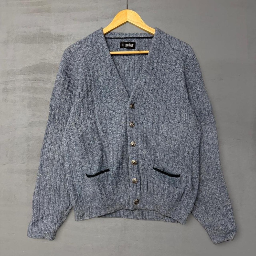 Vintage Puritan Cardigan Sweater Heather Blue Ribbed Knit Button 80s Large